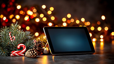 Tablet computer with christmas decoration on dark background, holiday conceptの写真素材
