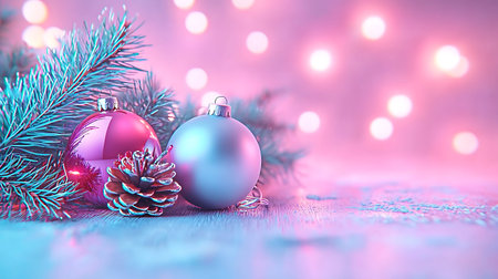 Christmas greeting card with fir branches and Christmas balls on bokeh background