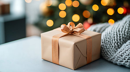 Christmas gift box on the background of the Christmas tree with bokehの写真素材