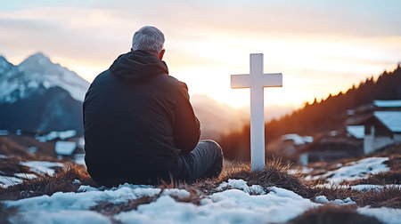 Senior man sitting on ground with cross in the background at sunset.の写真素材