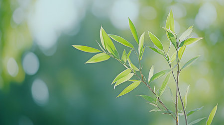 Bamboo leaves on bokeh background with copy space for textの写真素材