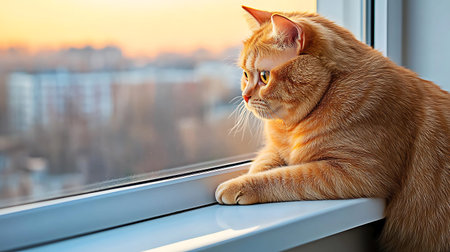 Cute ginger cat lying on the windowsill and looking out the windowの写真素材
