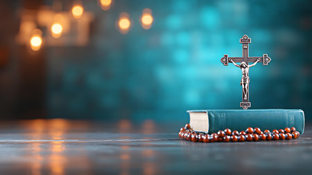 Holy Bible with cross and rosary beads. 3d illustrationの写真素材