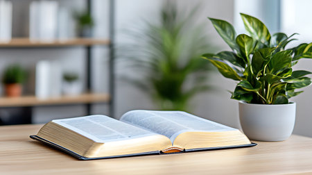 Open book on a wooden table in a room with green plants.