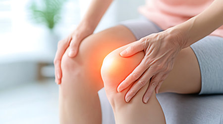 Woman suffering from knee pain at home, closeup. Health care conceptの写真素材