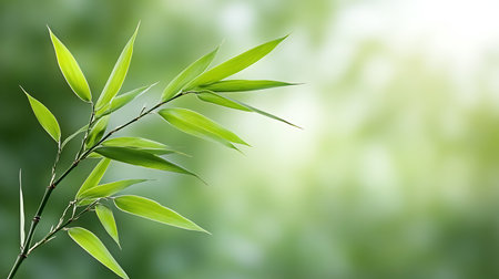 Green bamboo leaves on blurred green background with copy space for text.の写真素材