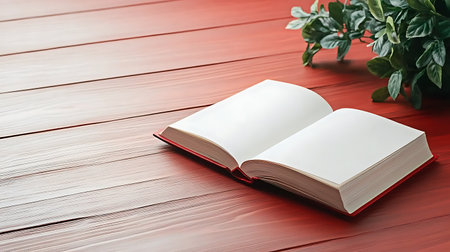 Open book with blank pages and green plant on red wooden background.の写真素材