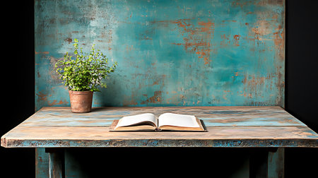 Open book on old wooden table with plant in vase on itの写真素材