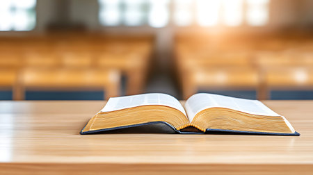 Open book on wooden table in front of blurred interior of a church