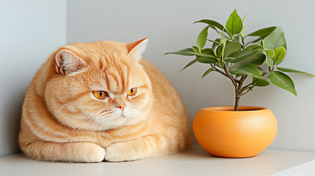 Cute ginger cat and plant in pot on table against grey wallの写真素材