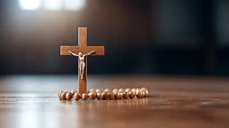 Wooden christian cross and rosary beads on wooden tableの写真素材