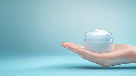 Close up of female hand holding jar of moisturizing cream on blue backgroundの写真素材