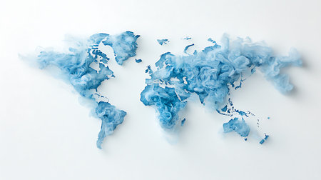 World map made of blue smoke on white background. 3d illustrationの写真素材