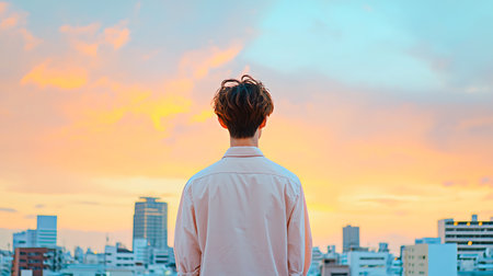Back view of a young man standing on the roof and looking at the sunsetの写真素材