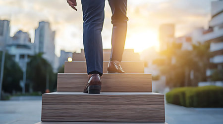 Low section of businessman standing on wooden steps in the city at sunset