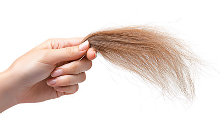 Female hand holding brown hair isolated on white background, clipping path includedの写真素材