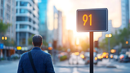 Businessman standing in the city and looking at a speed limit signの写真素材