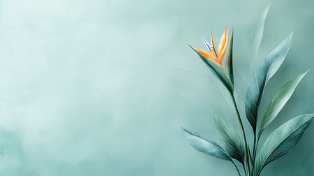 Strelitzia reginae flower on blue background with copy spaceの写真素材