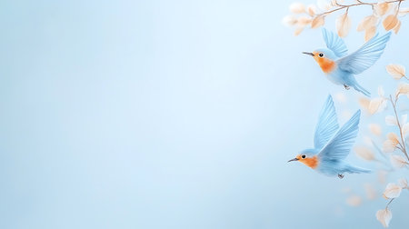 Easter greeting card with blue bird and willow branch on blue backgroundの写真素材