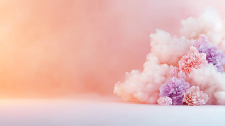 3d illustration of pink and purple flowers in a white cloud on a blue backgroundの写真素材