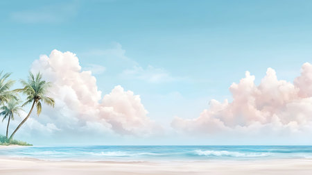 Tropical beach background with palm trees and clouds. 3D Renderingの写真素材