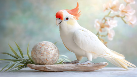 Cockatoo and Easter egg on wooden plate on blurred backgroundの写真素材