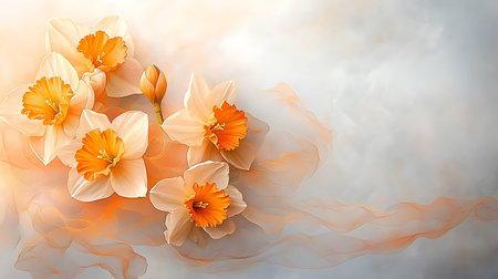 Bouquet of daffodils on the abstract background.
