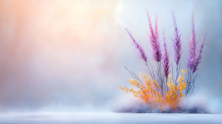 3d render of autumn grass on blue foggy background with copy spaceの写真素材