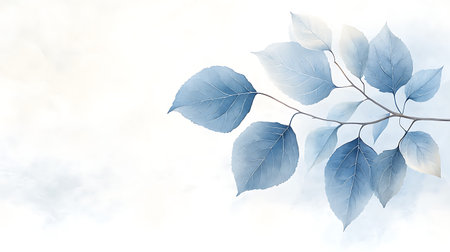 Watercolor illustration of a branch with blue leaves on a white backgroundの写真素材