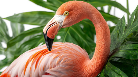 Flamingo on a background of tropical leaves. 3d renderingの写真素材