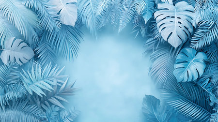 Tropical palm leaves on blue background. Summer tropical background.の写真素材