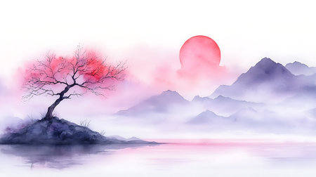 Chinese traditional painting. Landscape with a lake and a tree.の写真素材