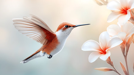 Hummingbird with plumeria flowers on blurred background. Collage.の写真素材