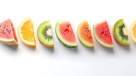 Slices of watermelon, orange, kiwi and grapefruit on white backgroundの写真素材