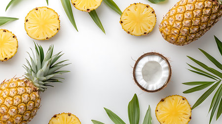 Pineapple and coconut on white background. Top view, flat lay