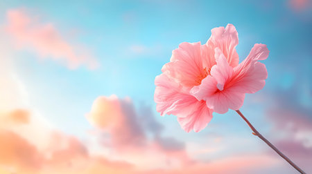 Pink hibiscus flower on blue sky background with copy spaceの写真素材