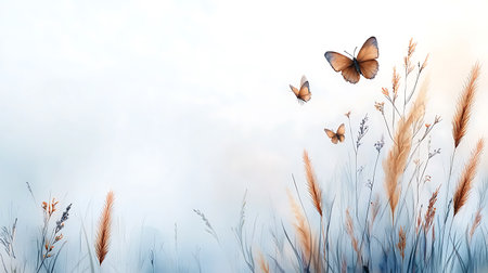 Beautiful grass flowers with butterfly on sky background. 3d renderingの写真素材