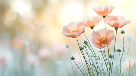 Pink poppies blooming in the field with bokeh backgroundの写真素材