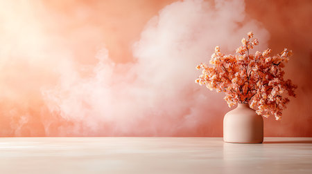 Cherry blossom in vase on wooden table with smoke backgroundの写真素材