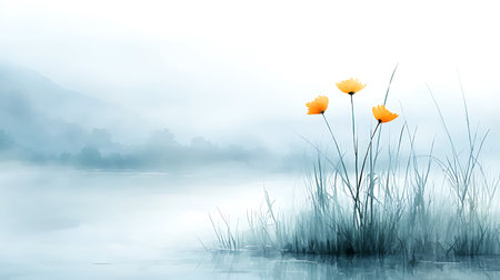 Flowers in the morning mist on the lake, 3d renderの写真素材