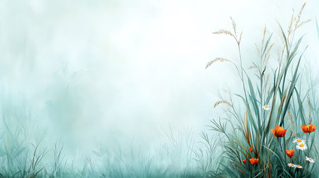 Foggy meadow with grass and flowers. 3d renderの写真素材