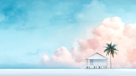 House on the beach with sky and clouds background. 3d renderingの写真素材