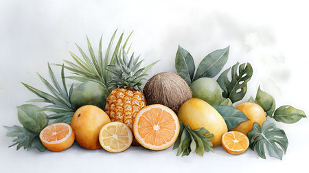 Watercolor tropical fruits on white background. Pineapple, coconut, tangerine, grapefruit, orange.の写真素材