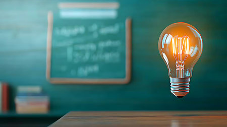 Light bulb in classroom with chalkboard on background. 3D rendering