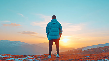 Man in a blue jacket on the top of the mountain at sunsetの写真素材