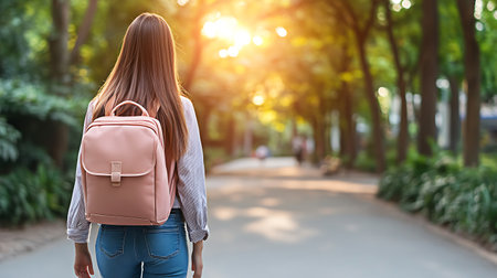 Back view of young asian woman walking with backpack in the park.の写真素材