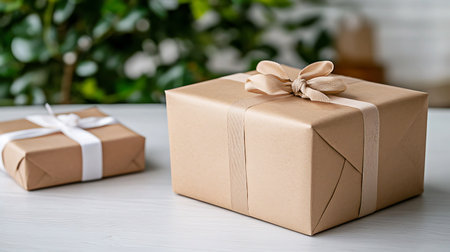 Gift box with ribbon on wooden table, closeup. Space for textの写真素材
