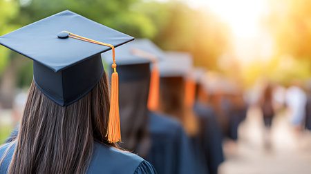 Back view of female graduate wearing graduation cap and gown with blurred background.の写真素材