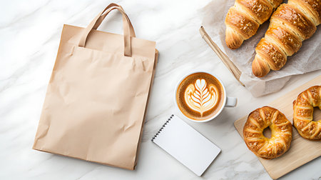 Coffee cup with croissants and notebookle backgroundの写真素材