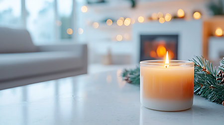 Burning candle and fir branch on white marble table in living roomの写真素材